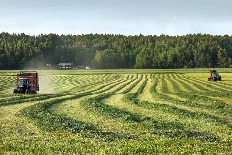 Twee trekkers bij het kuilen van gras